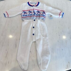 Vintage Baby Ski Suit Jogger One Piece Button Front Suit White Blue 0-12 Month